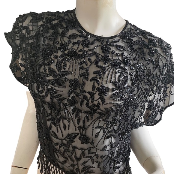 Great Gatsby vintage bead cap sleeve flapper black tie top S - Picture 4 of 11